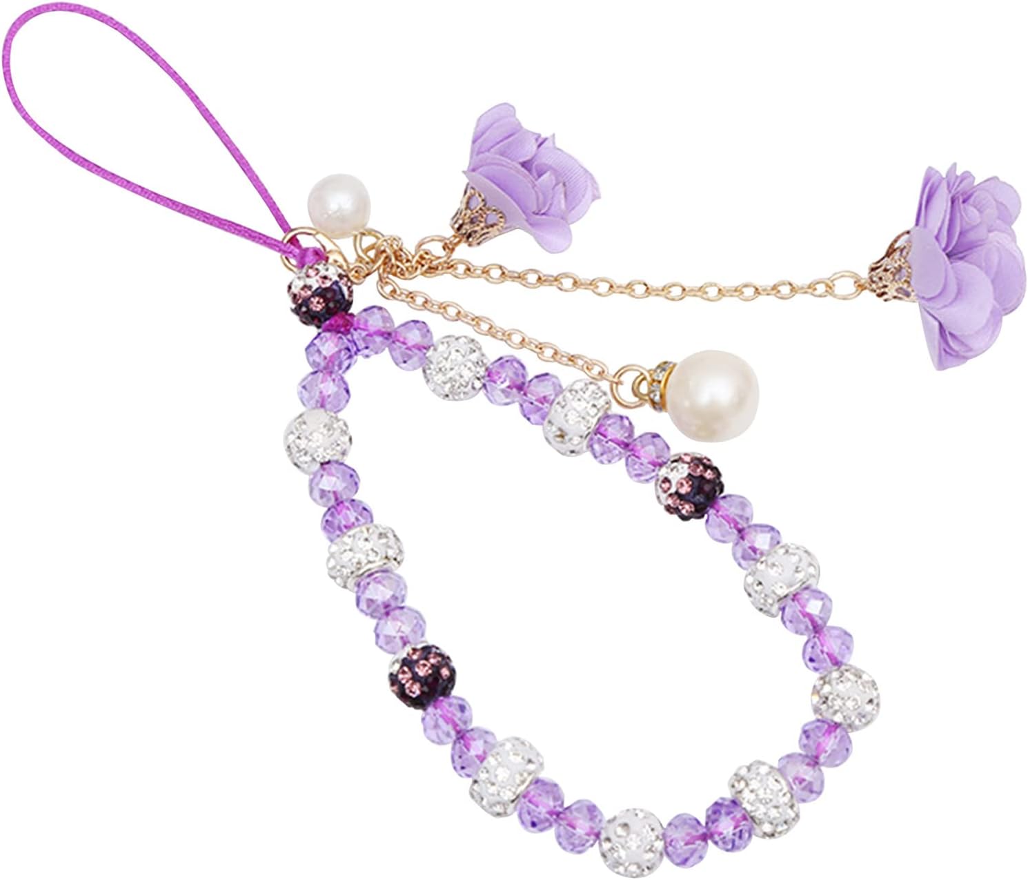 Crystal Flower Pendant Keychains Beaded Phone Strap Lanyard Anti-Lost and Non-Slip Mobile Phone Strap for Handbag Decoration Accessories Purple