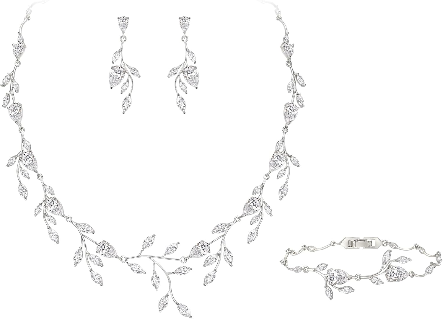 EVER FAITH Wedding Jewelry for Bride Women Bridesmaid, Sparkly Cubic Zirconia Pear-Shaped Birthstone Leaf Necklace Earrings Set for Prom