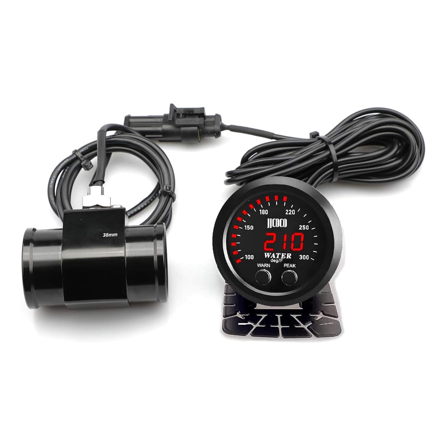 Universal 52mm Water Temperature Gauge 0-300F(-17~187C) Electronic Red Digital LED DC12V for Car Automotive with Joint Pipe Radiator Sensor Adaptor Black 38MM