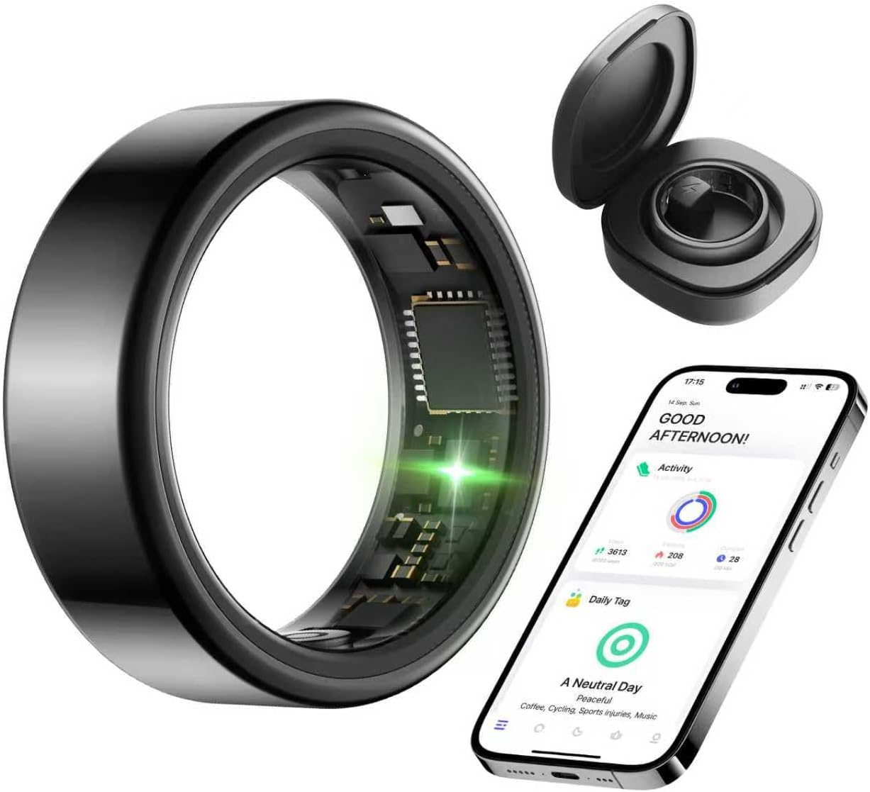 KIRAMA Smart Health Ring for Women Men Fitness Tracker with Heart Rate, Support Sleep Monitoring and Exercise Recording, IP68 Waterproof for iOS and Android, No APP Fee，Ultra-Thin Design (Black, 7)