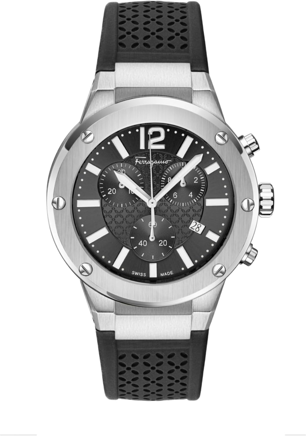 Ferragamo F-80 Chrono Collection Luxury Mens Watch Timepieces with a Black Strap and Dial Featuring a Stainless Steel Case