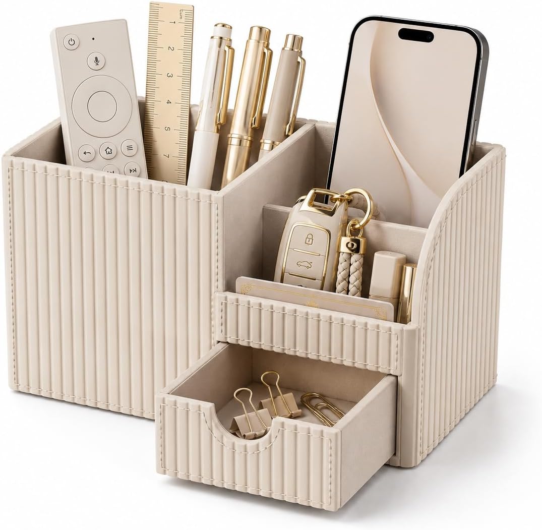 Luxury PU Leather Desk Organizer with Drawer, Modern Aesthetic Office Desk Accessories for Men & Women, Multi-Compartment Pen Holder & Desktop Storage Organizer for Home Office