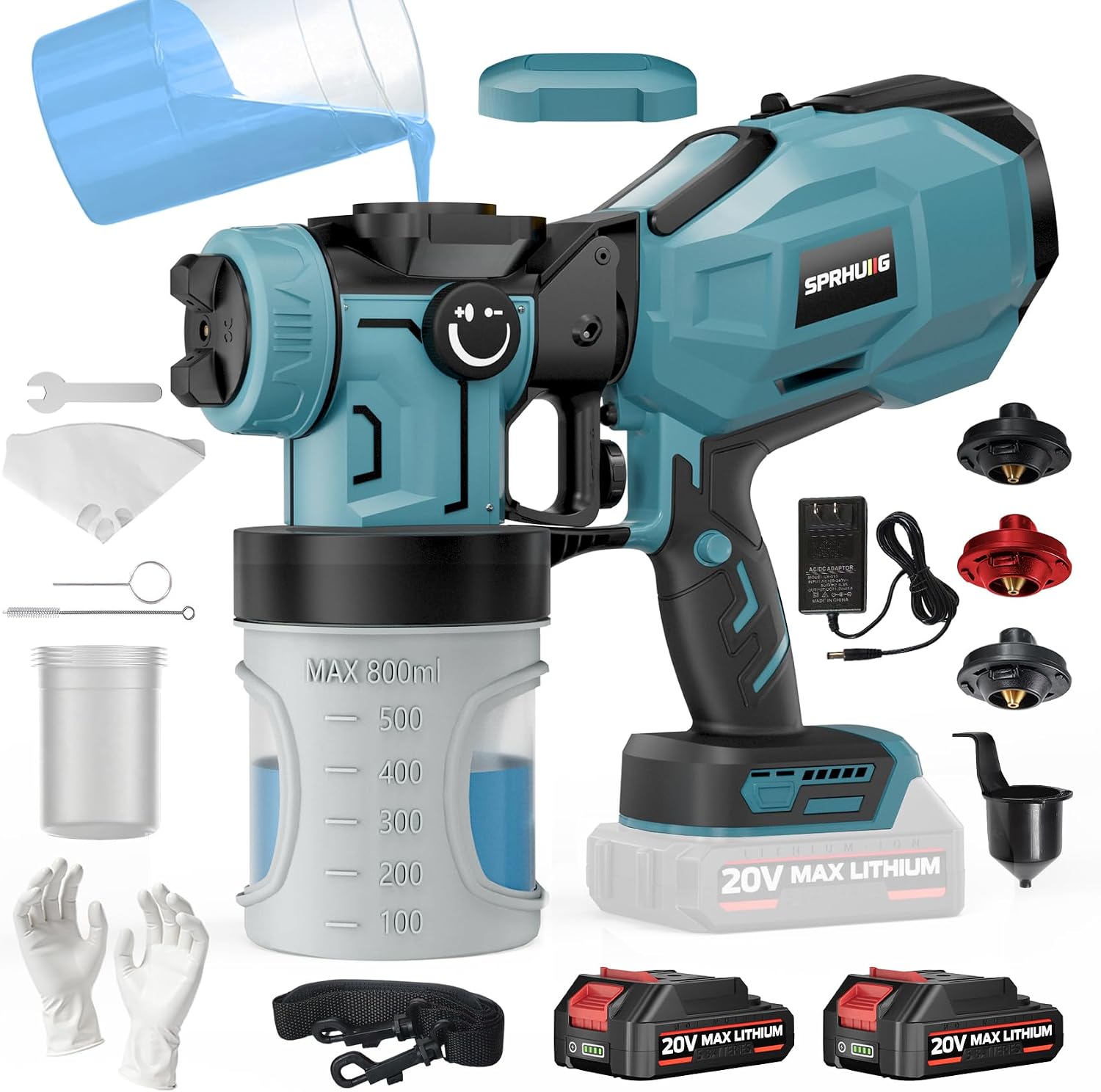 Cordless Paint Sprayer with 2×2000mAh Batteries, 1200W HVLP Spray Gun with 3 Brass Nozzles & 5 Reusable Cups, Electric Sprayer for Furniture, Cabinets, Walls, Fence, and House Painting Green