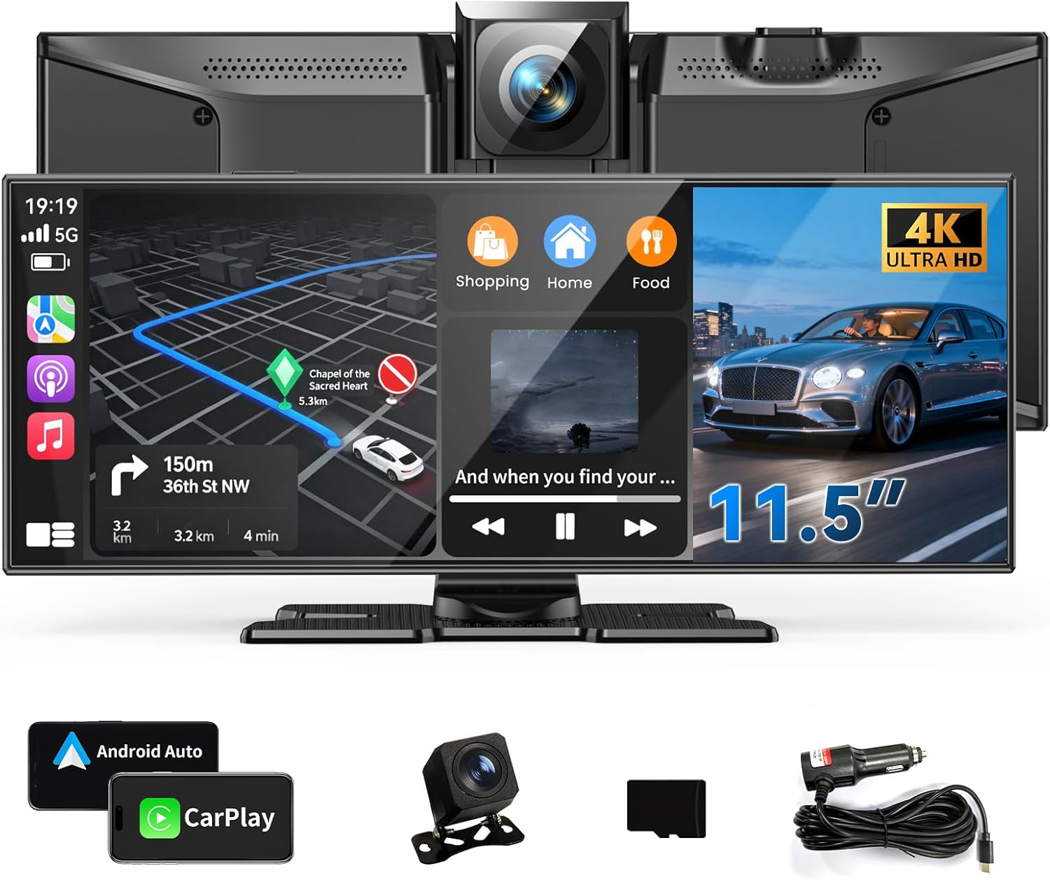 11.5" Wireless Carplay Screen for Car, Portable A pple Carplay & Android Auto Touch Screen, 4K Dash Cam/App Control/1080p Backup Camera/Mirror Link/Voice Control/GPS/Bluetooth,for All Vehicles