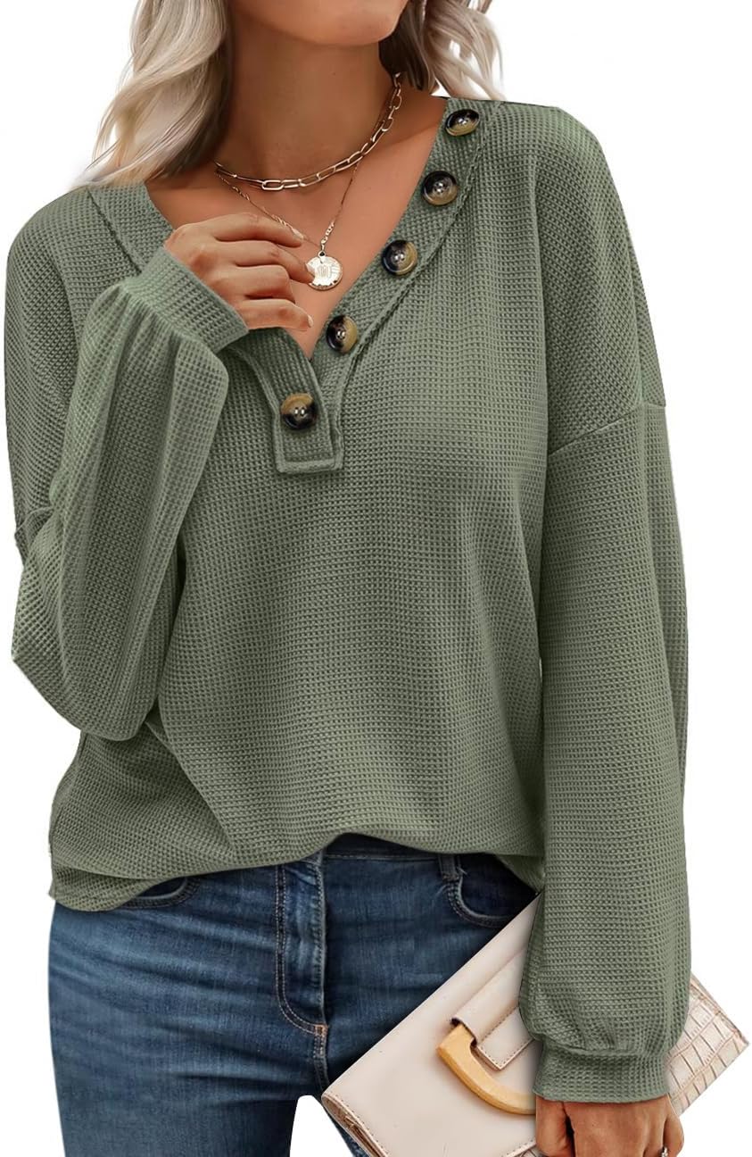 BTFBM Womens Fall Fashion 2025 Long Sleeve Shirts Spring V Neck Loose Casual Deco Button Lightweight Waffle Knit Tops