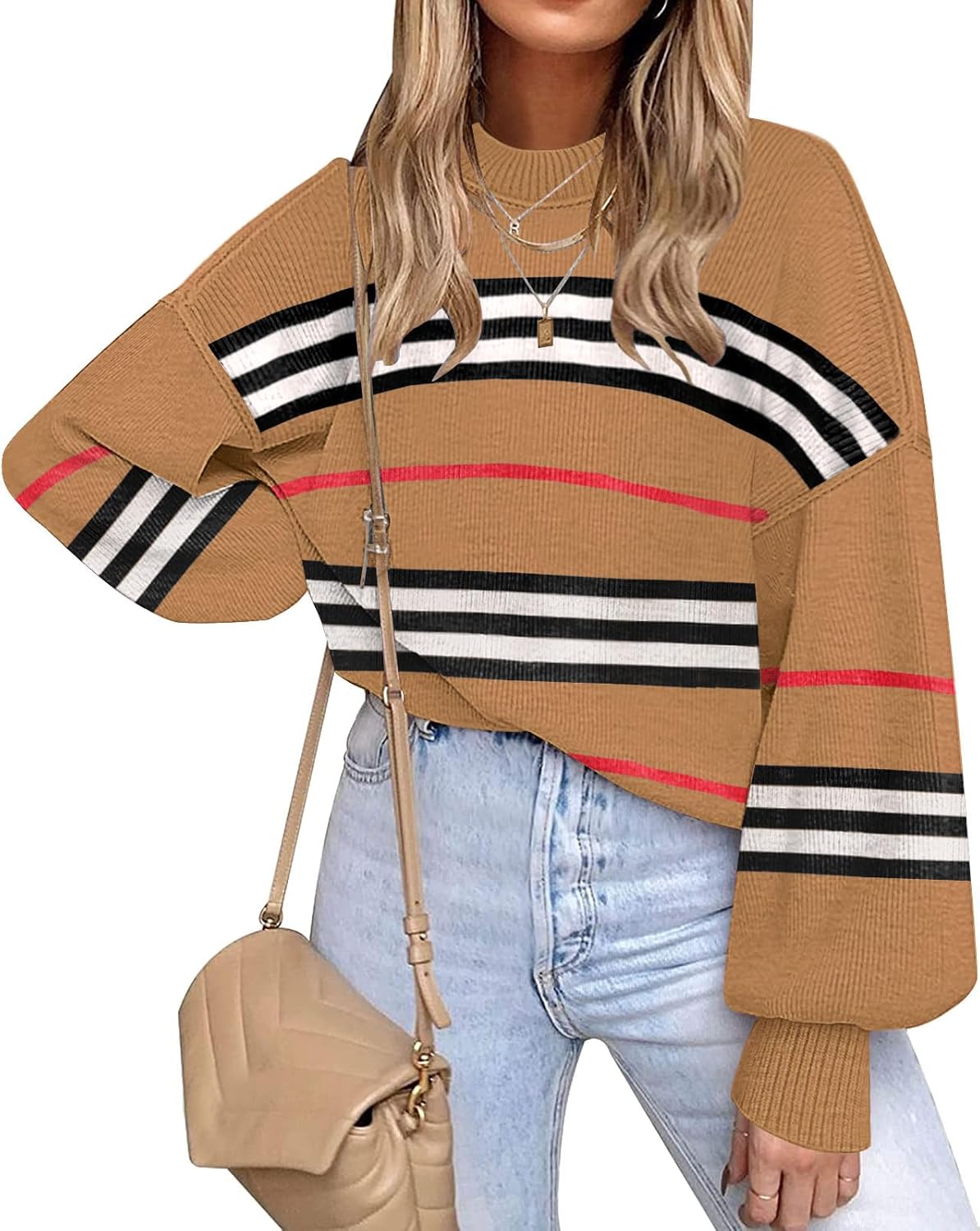 ETCYY Womens Sweaters Fall 2026 Batwing Long Sleeve Side Slit Knit Tops Crew Neck Striped Oversized Sweater Pullover