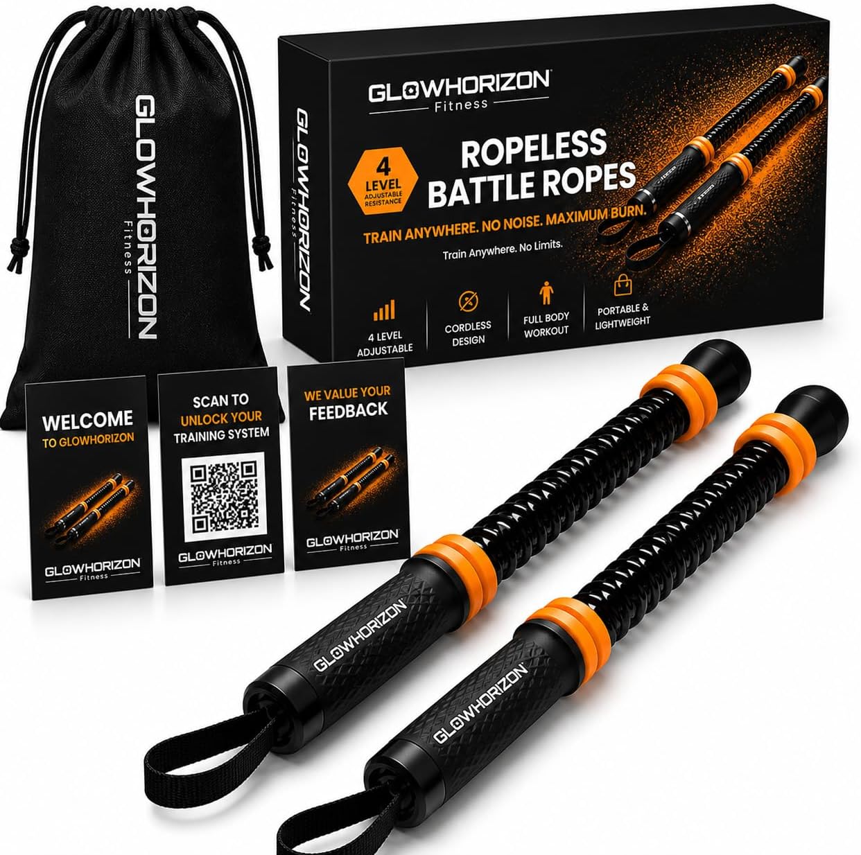 Ropeless Battle Ropes for Home Workout, Adjustable 4-Level Cordless Battle Rope, Portable Full Body Fitness Equipment for HIIT, Cardio, Boxing, Strength Training & Endurance Workouts