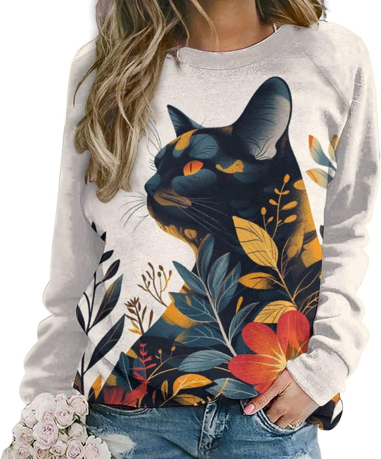 domirica Cat Sweatshirts for Women Long Sleeve Crewneck Pullover Cotton Casual Plus Size Causal Fall Lounge Sweater