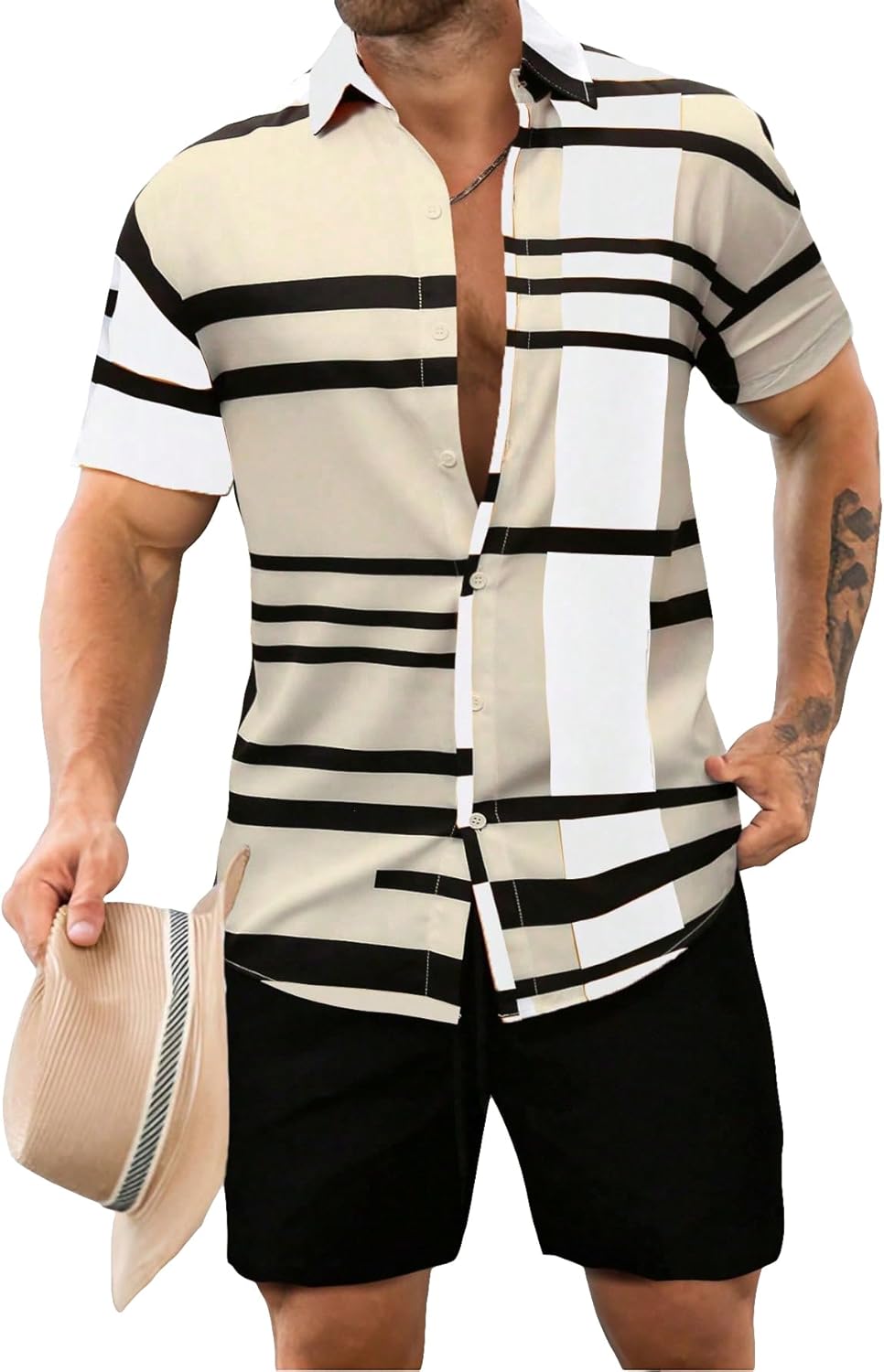 WDIRARA Men's 2 Piece Outfits Button Down Short Sleeve Collared Shirt and Shorts Set