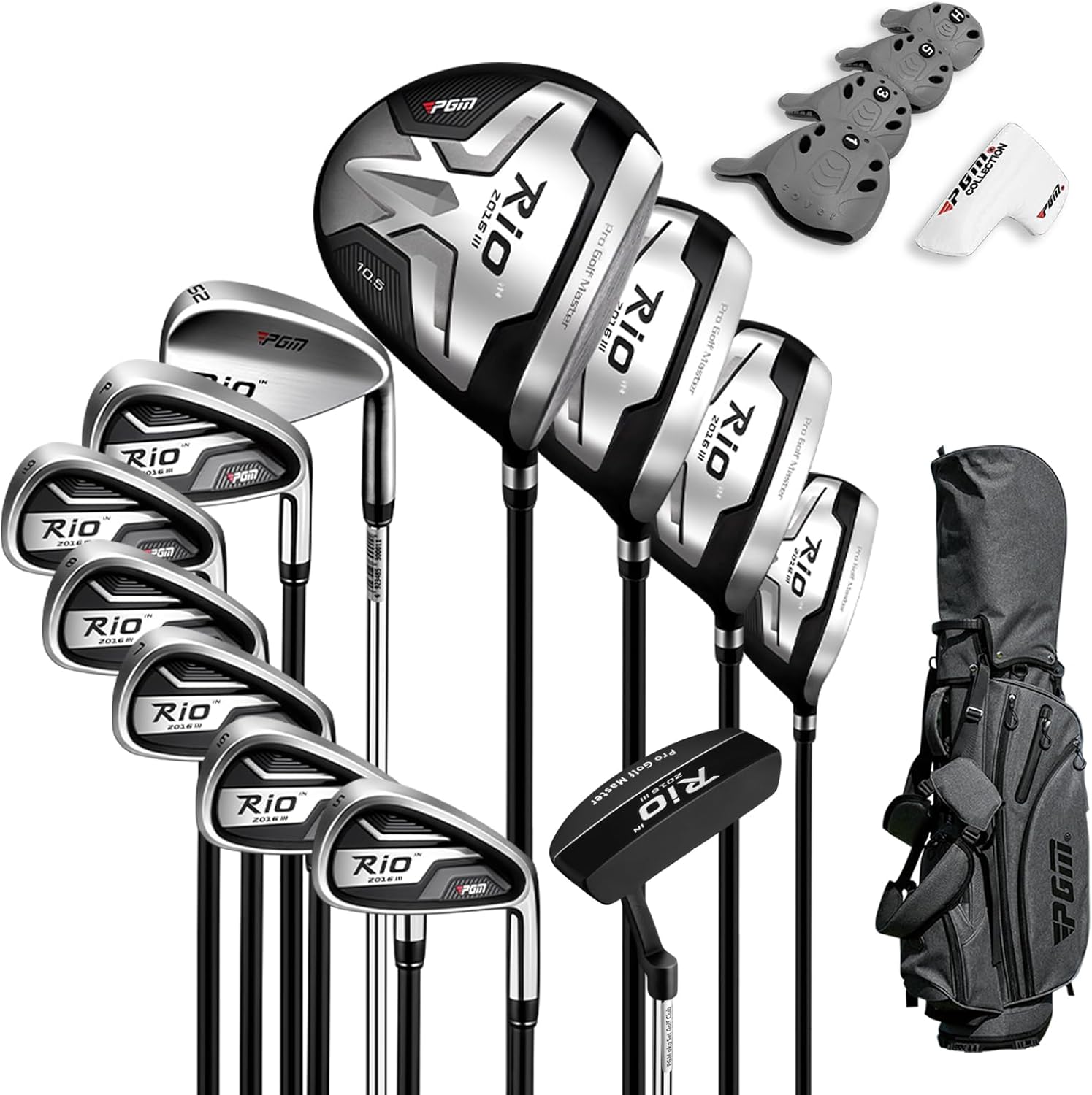 PGM Men's Complete Golf Club Sets - 12 Pieces - 3 Wood (#1,3,5), 1 Hybrid (#4H), 6 Irons(#5,6,7,8,9,PW), 1 Sand Wedge (52°), 1 Putter - Golf Stand Bag - Titanium Club Head, Graptlite Shaft