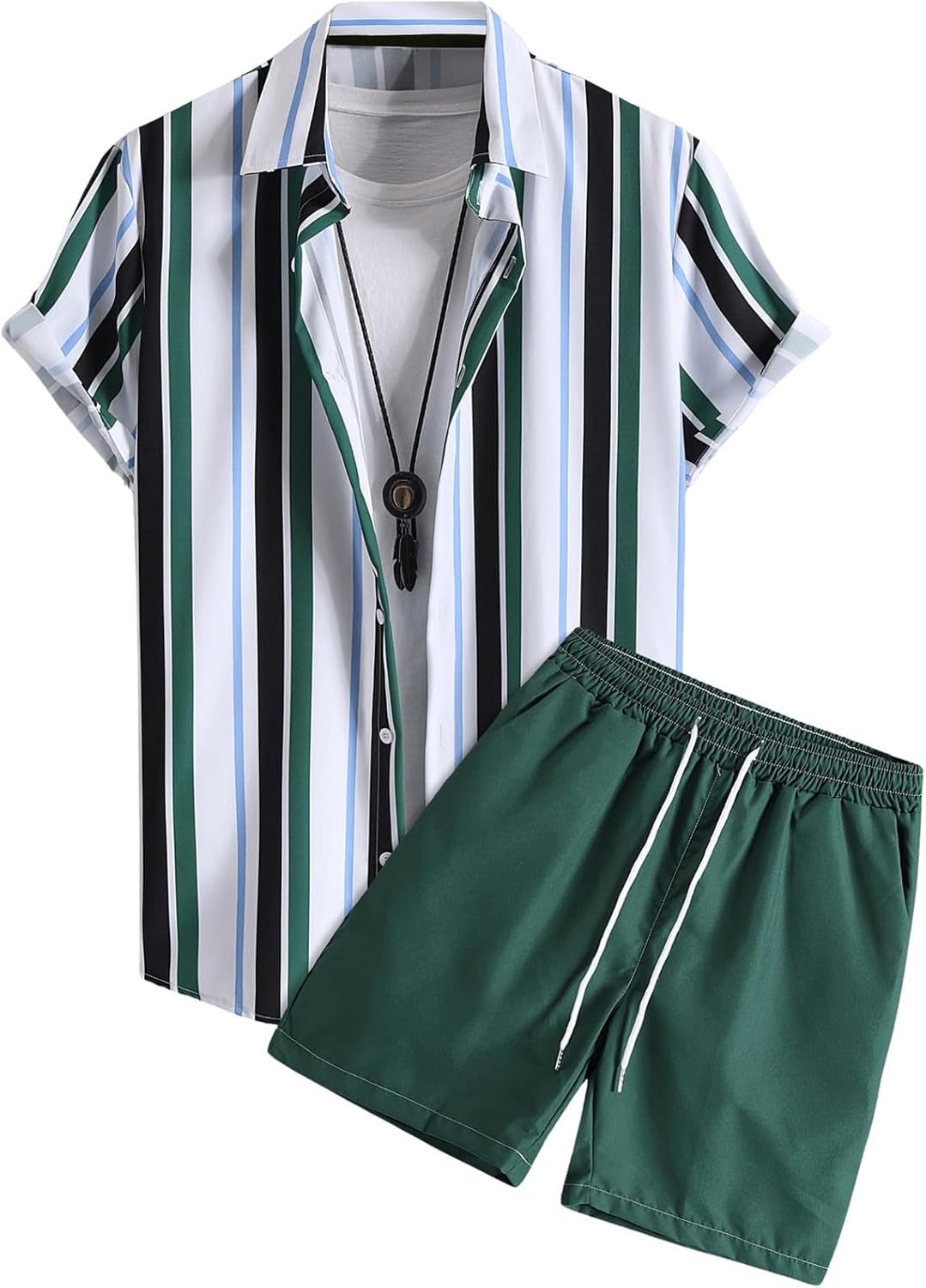 SHENHE Men's Hawaiian 2 Piece Beach Outfits Striped Button Up Short Sleeve Shirt and Shorts Set