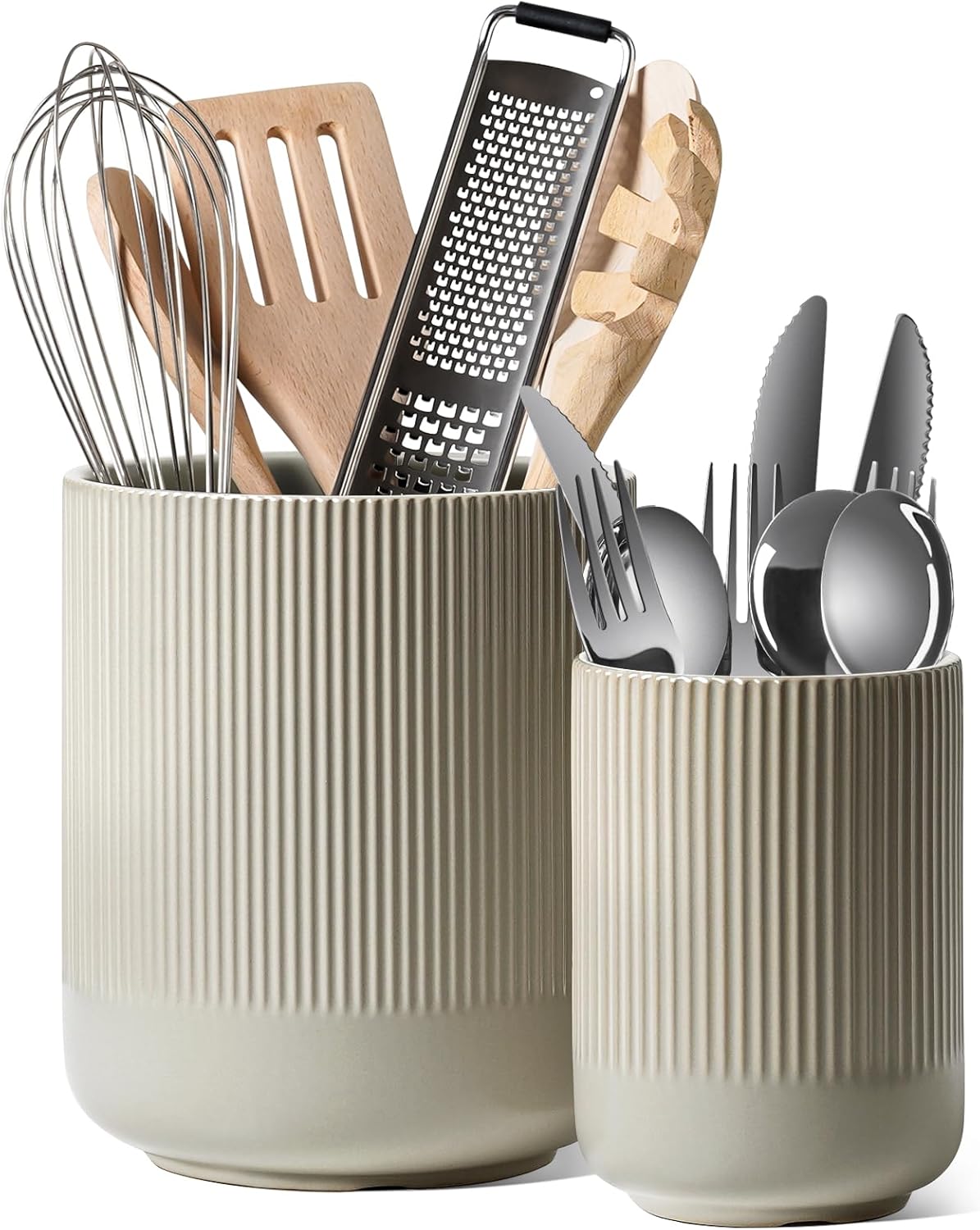 LE TAUCI Utensil Holder for Kitchen Counter, 7.3"+5.4" Fluted Ceramic Utensil Crock Organizer for Countertop, Heavy Large Holder for Spatulas, Spoons, Set of 2, Oatmeal Greige