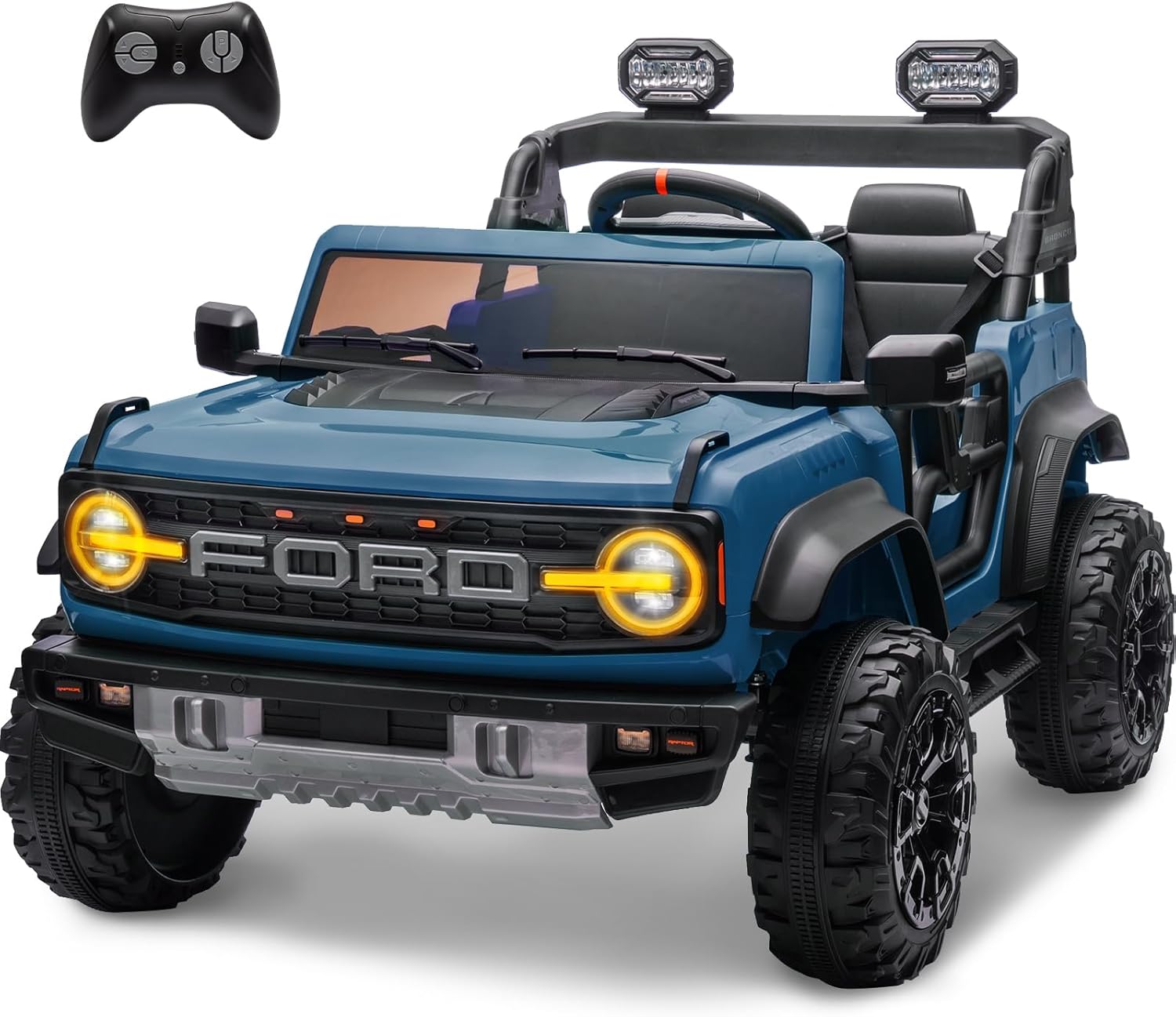 ENYOPRO 2 Seater Ride On Car for Kids, 24V Licensed Ford Bronco Raptor Electric Power Ride On Truck Toy with Remote Control, 4 Wheels Shock Absorption, Soft Start, Bluetooth, Radio, 3 Speed - Blue
