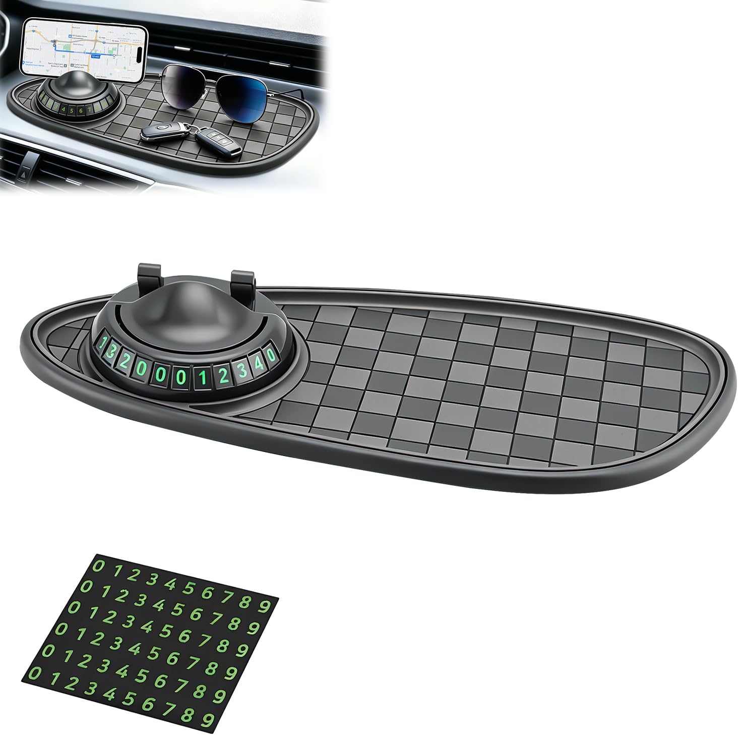Mobile Phone Bracket Anti-Slip Mat,Universal Fit Anti-Slip Mat,Multifunction Car Dashboard Mat with Temporary Parking Number,360° Rotating Adjustable Phone Holder (Black-Gray)