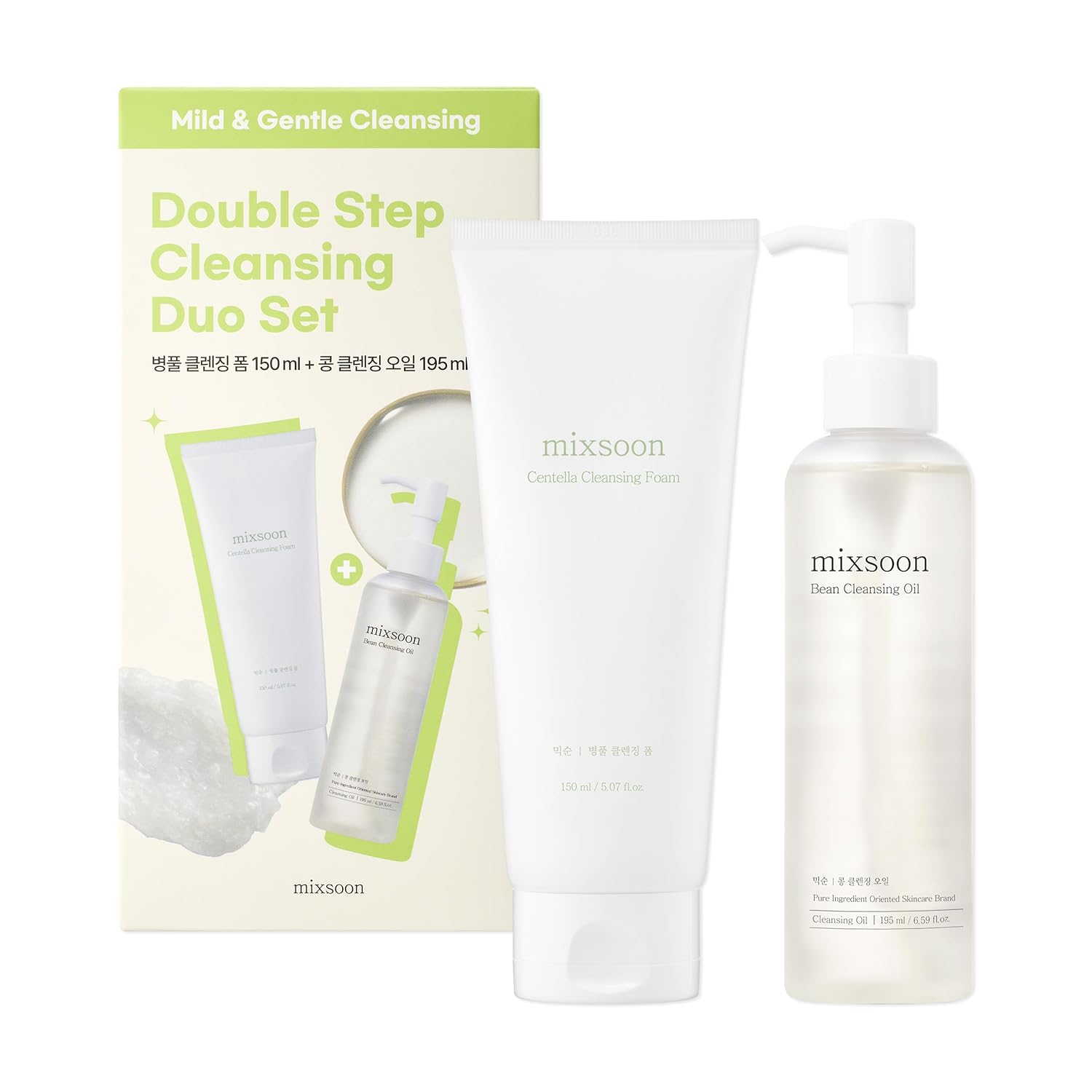 mixsoon Double Cleansing Set 2-Step Routine, Cica Foam & Bean Cleansing Oil Face Wash Set Gentle Deep Clean and Hydrating Care 150ml / 5.07 fl.oz., 195ml / 6.59 fl.oz. Korean Glass Skin Care