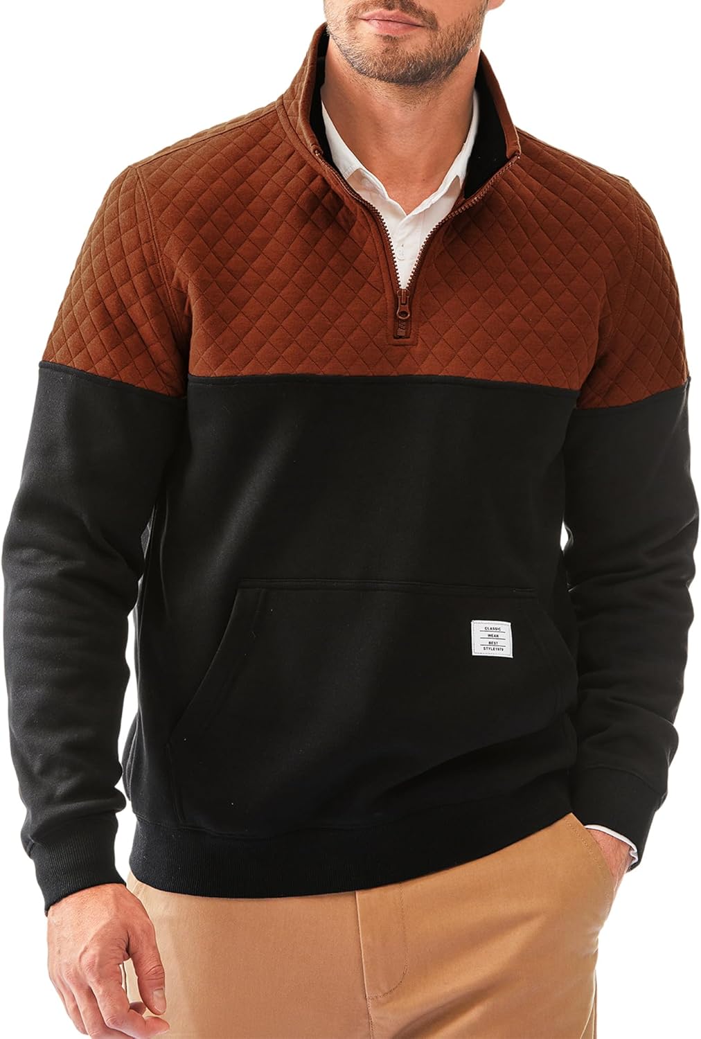 Dokotoo Men Men's Mock Neck Sweatshirts Quarter Zip Quilted Sweater Color Block Long Sleeve Casual Pullover