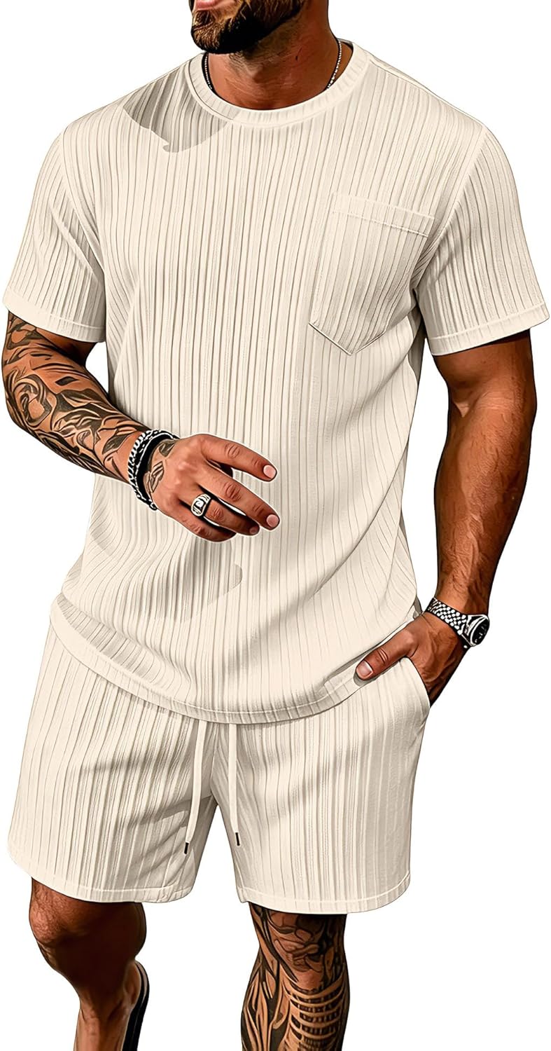 Men's Summer Beach Outfits 2 Piece Vintage Short Sleeve T Shirts and Shorts Vacation Texture Sets