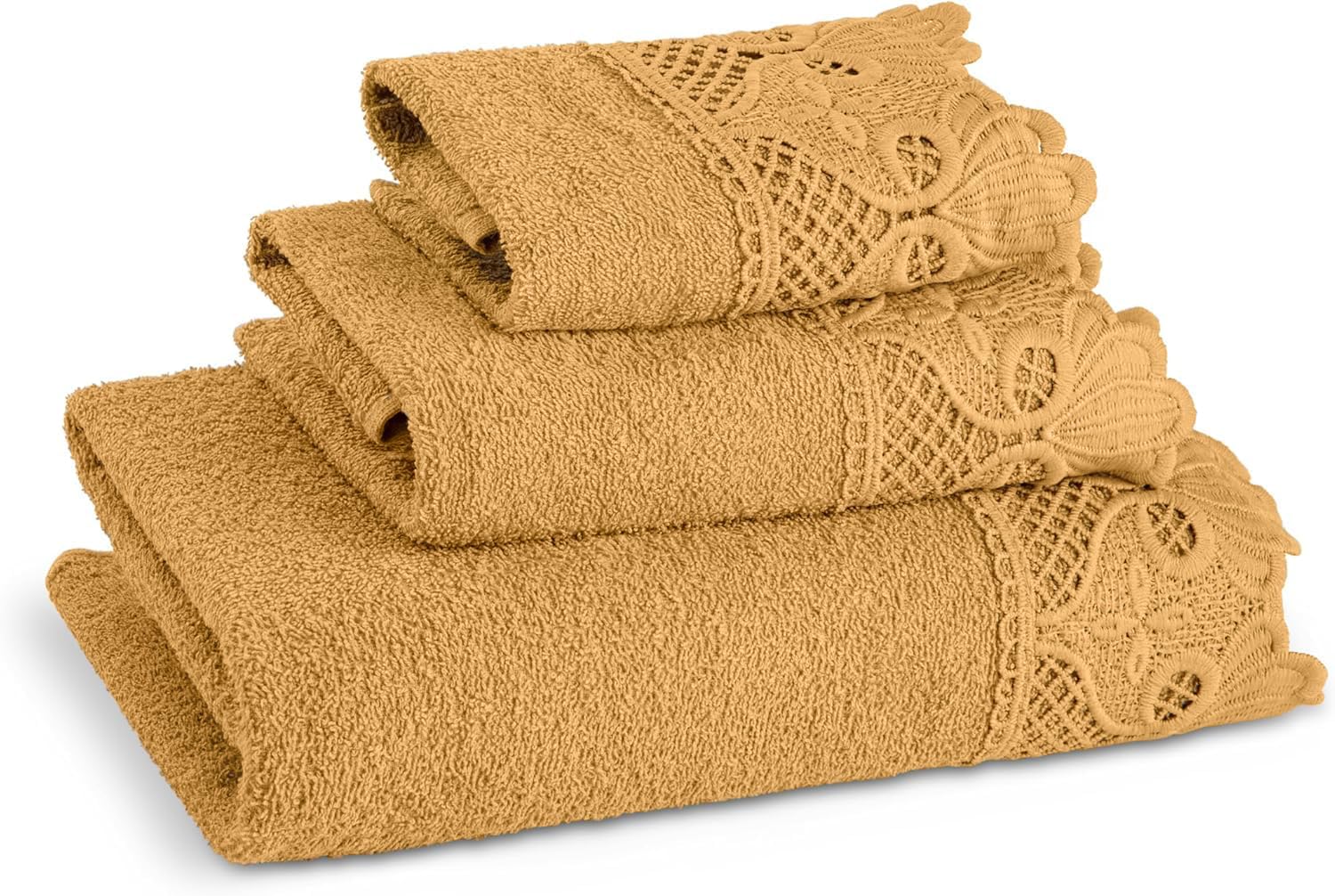 Zahari Home 3 Piece Laced Towel Set - Stylish Soft Plush Cotton Towels with Hand Towel & Washcloth - Highly Absorbent Towels for Bathroom, Gym, Hotel & Spa (Macramee Gold)