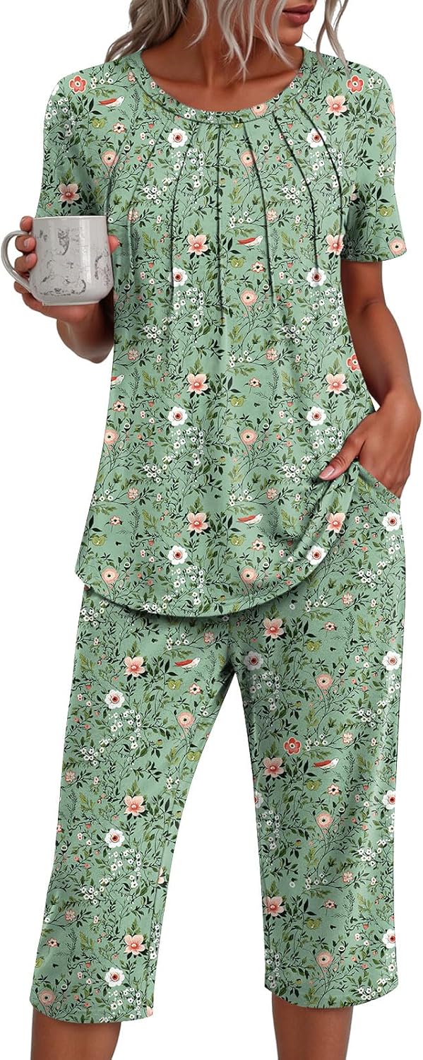 Addtoo Womens Summer 2 Piece Pajama Sets 2026 Casual Loungewear Short Sleeve Sleepwear with Pockets