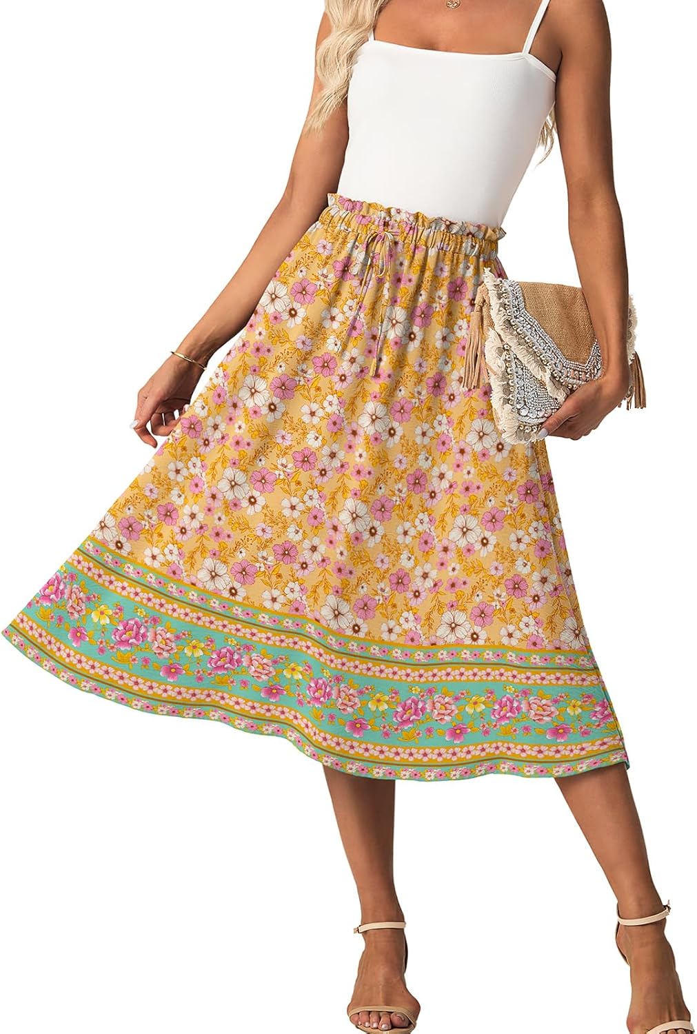 FREEOAK High Waist Skirts for Women Below Knee Casual Flowy Summer Midi Skirts Palazzo A-Line Long Skirt with Pockets