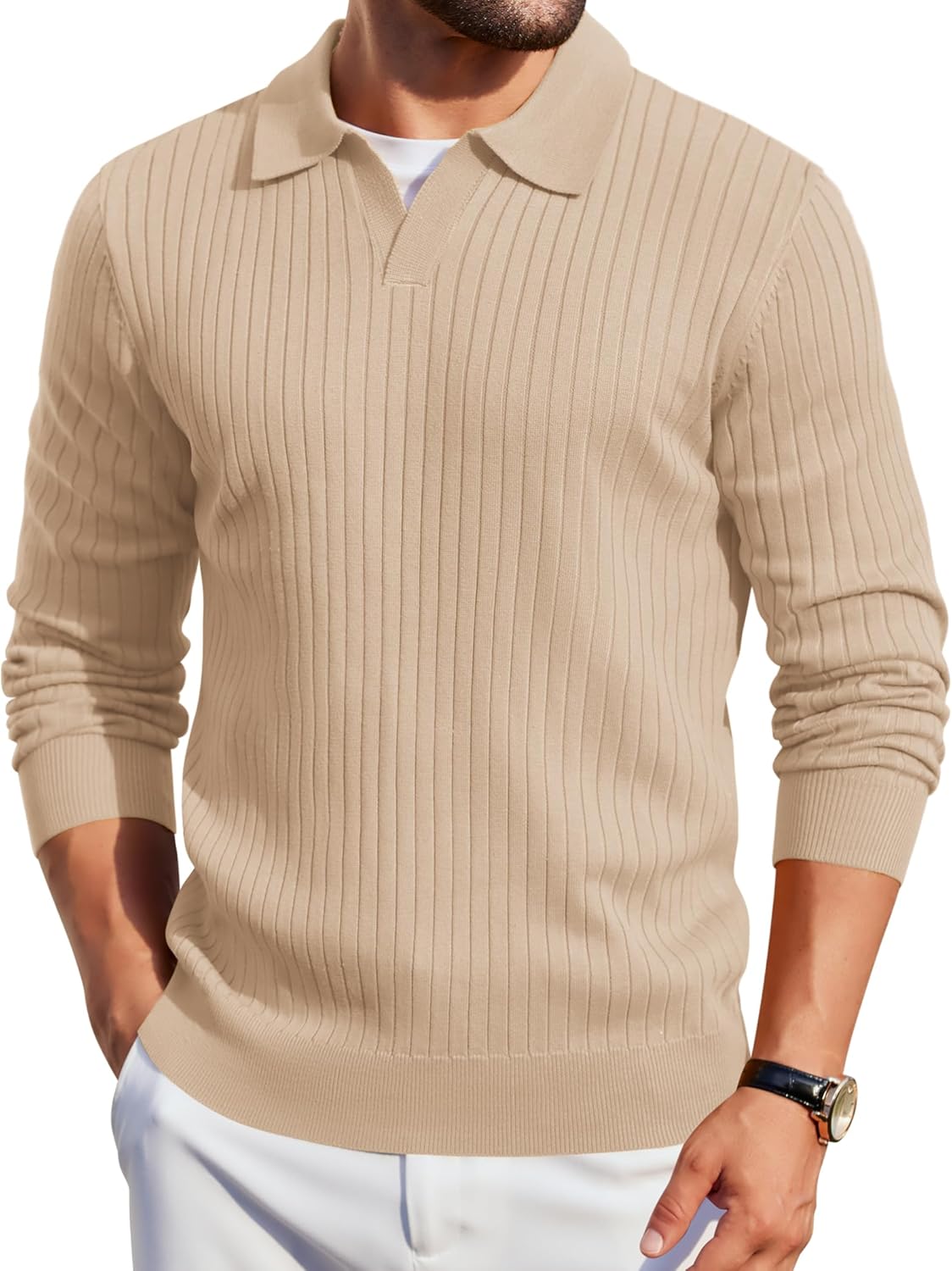COOFANDY Mens Knit Polos Long Sleeve Casual Sweater Polos V Neck Collared Sweater Golf Polo Sweaters and Pullovers