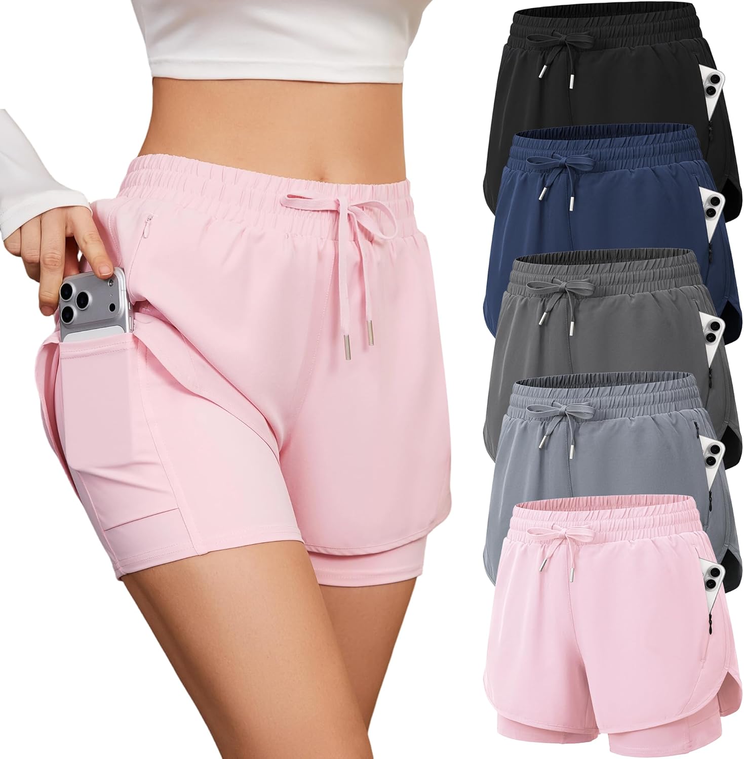 CE' CERDR Womens 2 in 1 Running Shorts High Waisted Athletic Workout Short | 5 Pack, 4 Pockets, Soft Inner Liner, Elastic Waistband with Drawstring, Quick-Dry, for Gym, biker & Casual Wear