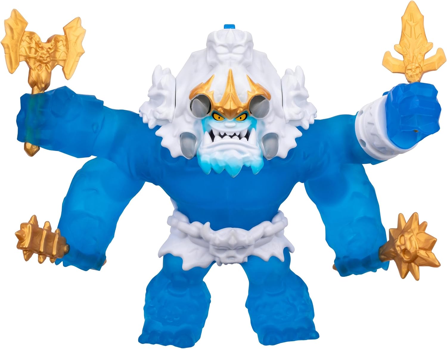 Goo JIT Zu King Frostbite Action Figure with Lights and 35+ Phrases | 10-inch goo-filled body for stretch toys play; it has projectile punch, 4 weapons, and 2-in-1 Mega Weapon