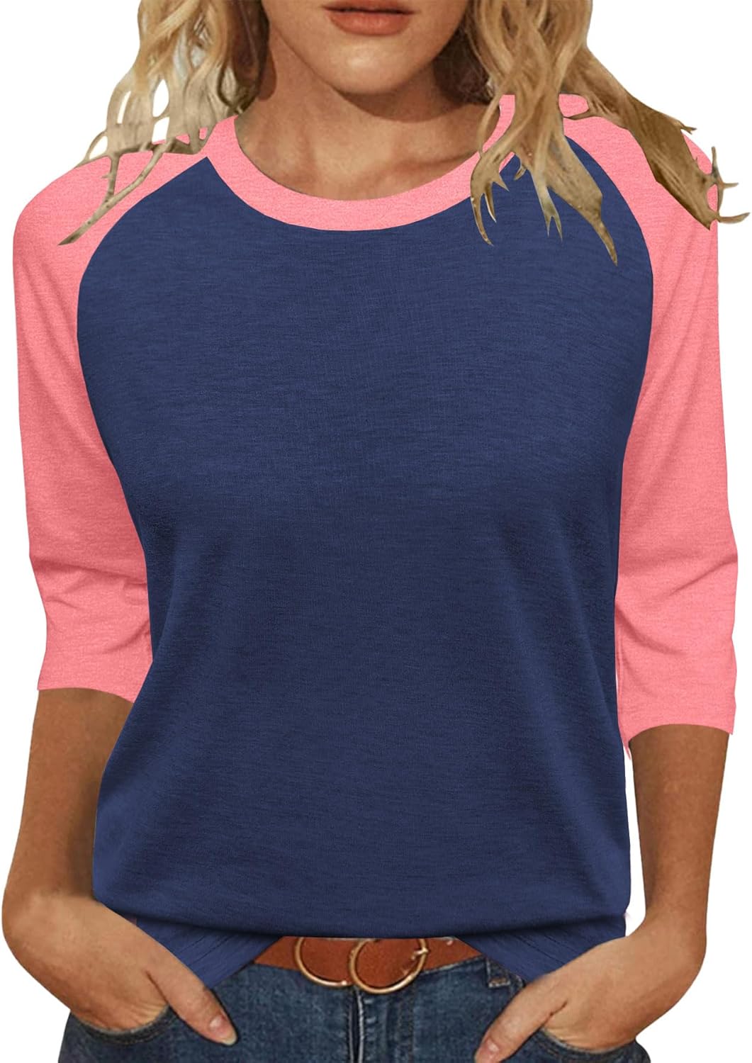 Heymiss Womens Tops 3/4 Sleeve Shirts Round Neck Loose Casual Tshirts | Color Block Summer Tees