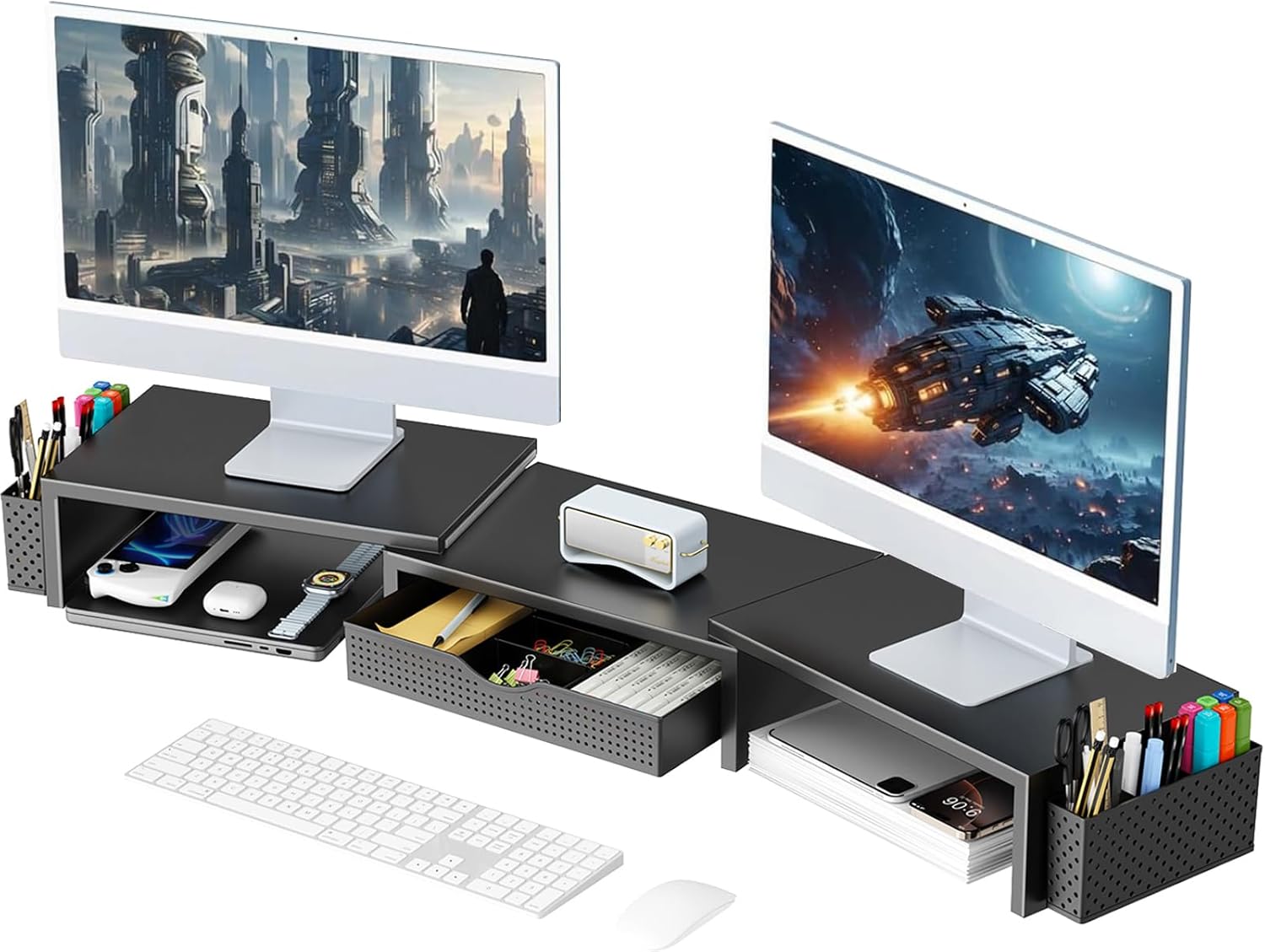 gianotter Dual Monitor Stand Riser With Drawer and 2 Pen Holders | Desk Organizer and Accessories Computer Monitor Stand, Desk Shelf for Top of Desk (Black)