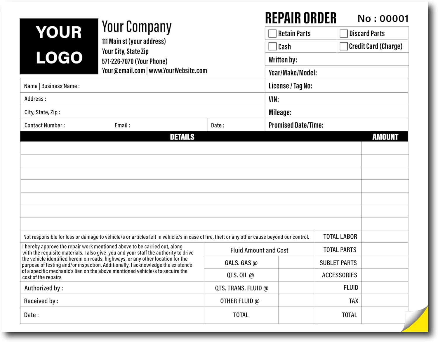 Auto Repair Order Form Custom Printed with Your Company Information – Mechanic Service and Garage Repair Invoice, 2 Part NCR Form, Repairman Order Form, Auto Technician Invoice