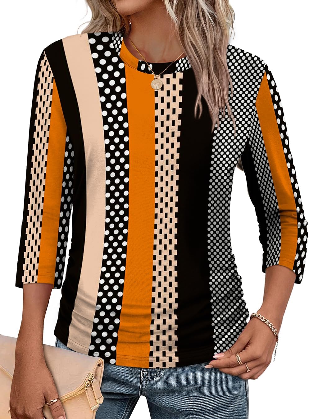 WIHOLL Womens 3/4 Length Sleeve Tops Crewneck Ruched Summer Shirts 2026 Business Casual Outfits Blouses Spring Clothes