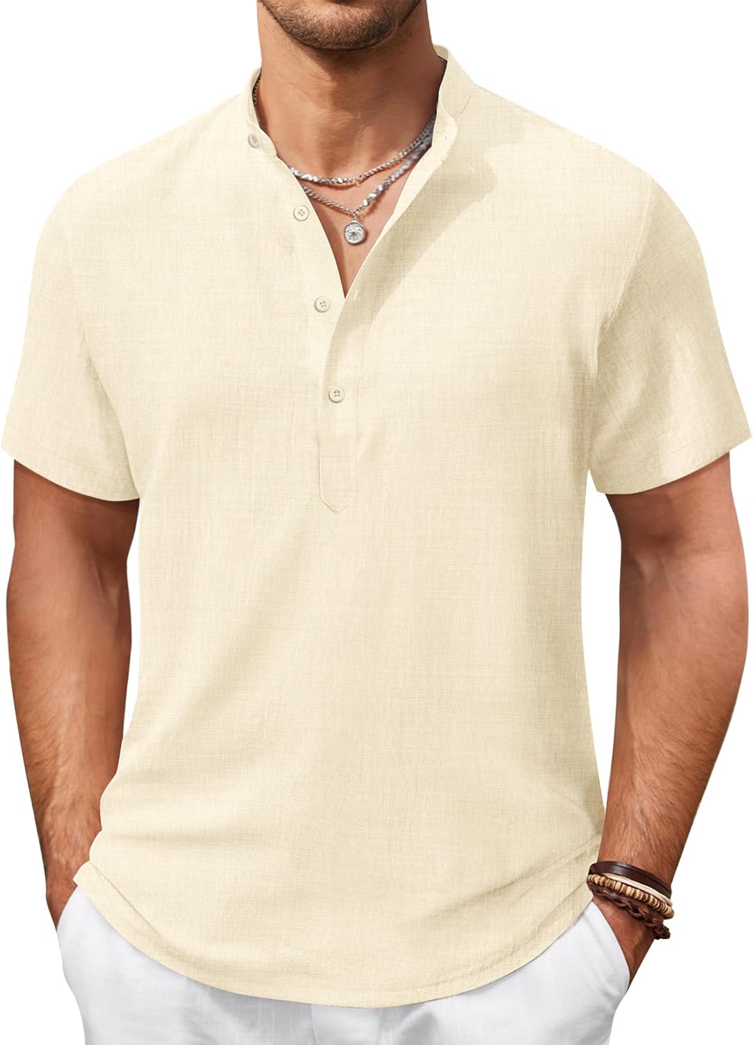 COOFANDY Men's Casual Henley Shirt Short Sleeve Summer Shirts Linen Band Collar Summer Beach Hippie T-Shirts