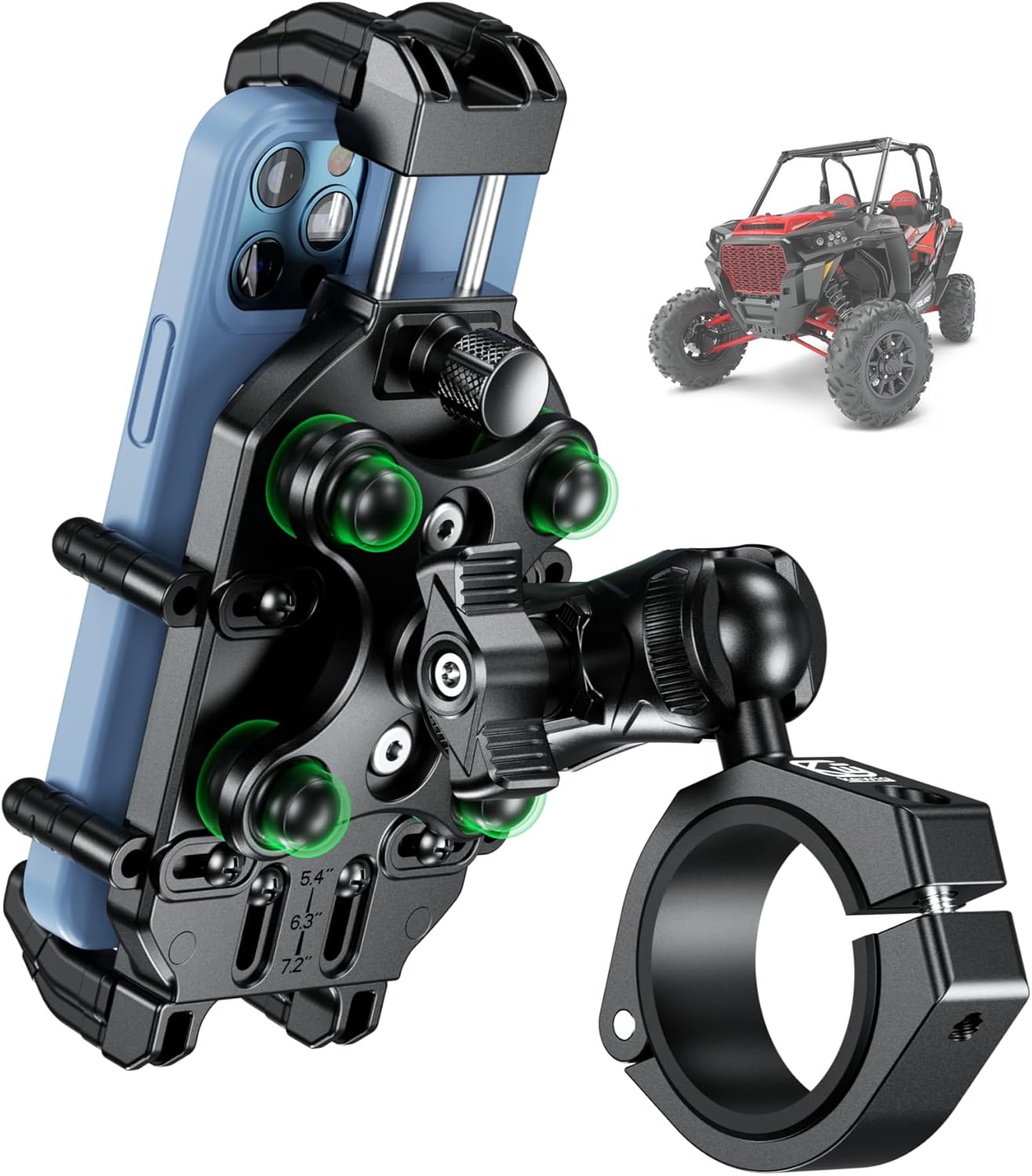 BRCOVAN Anti-Theft UTV Phone Mount Holder with Vibration Dampener | Fit 1.5/1.65/1.75/1.85/2'' Roll Cage Bar, Heavy Duty, Adjustable Size, Big Phone Friendly for 5.4 - 7.2'' Cellphone