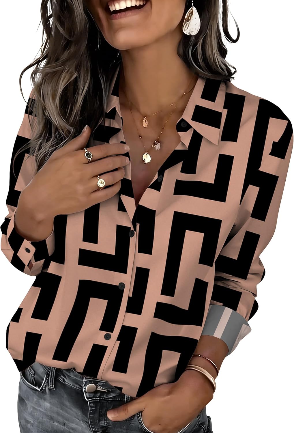 Zeagoo Button Down Shirts for Women Dressy Printed Long Sleeve Blouse | business casual outfit classic v neck collared blouse spring fall fashion work office clothes solid printed button shirts