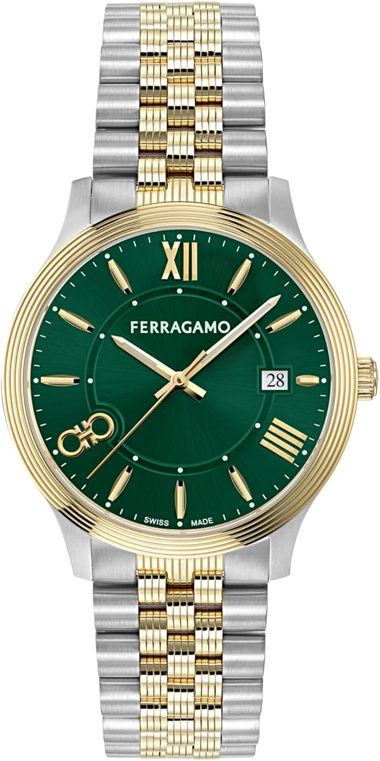 Ferragamo Ferragamo Duo Collection Luxury Mens Watch Timepieces with a Two Tone Bracelet and Case Featuring a Green Dial