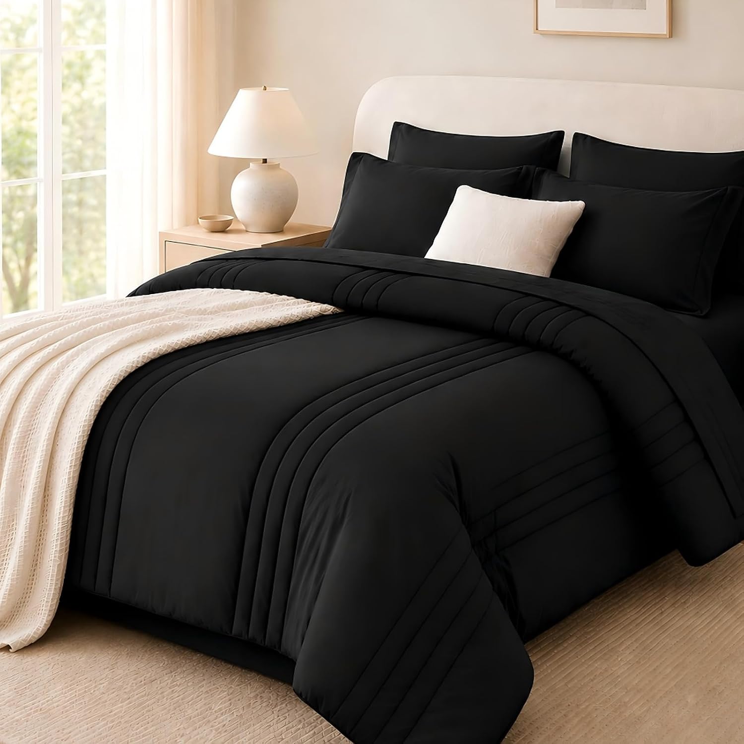 Queen Comforter Set Black, 7 Pieces Bed in a Bag Queen, Lightweight Microfiber Bedding Set with Comforter, Flat Sheet, Fitted Sheet, Pillowcases & Shams, Deep Pocket All Season Bed Set
