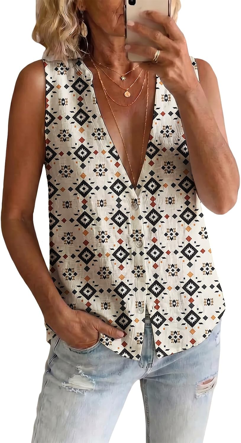 Tank Tops for Women Casual Sleeveless Button Down Shirts 2026 Summer Trendy Graphic Western Aztec Blouse Tops