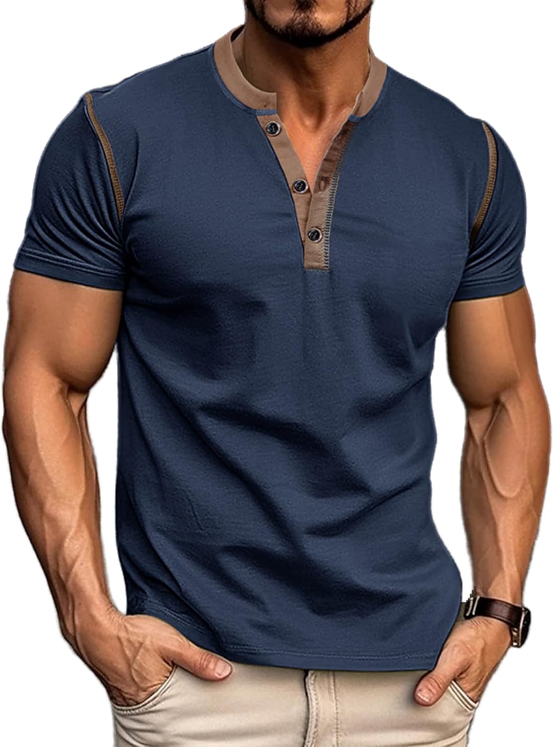Mens Short Sleeve Shirts Casual Summer Cotton Henley Shirts Slim Fit Classic T-Shirts