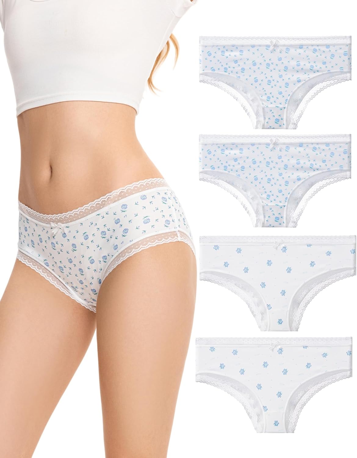 Women's Floral Print Hipster Underwear with Lace Trim, Blue and White, 4 Pack