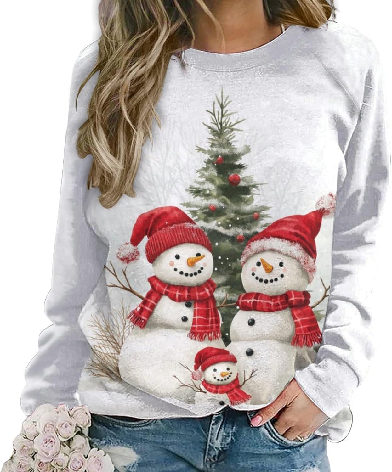 MARSVOVO Women'S Christmas Sweatshirt Cute Snowman Print Xmas Shirt Long Sleeve Vintage Blouse Pullover