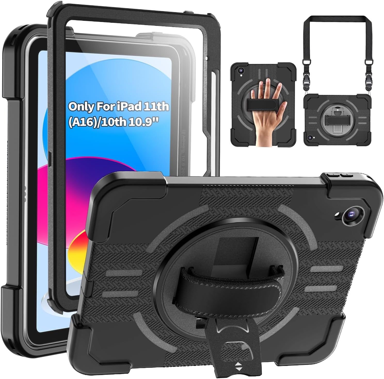IP68 Waterproof Full-Body Shockproof Case for iPad mini 6/7 (A17 Pro) 8.3" | 360°Rotating Kickstand | Adjustable Shoulder Strap | Built-in Screen&Camera Protector, Black
