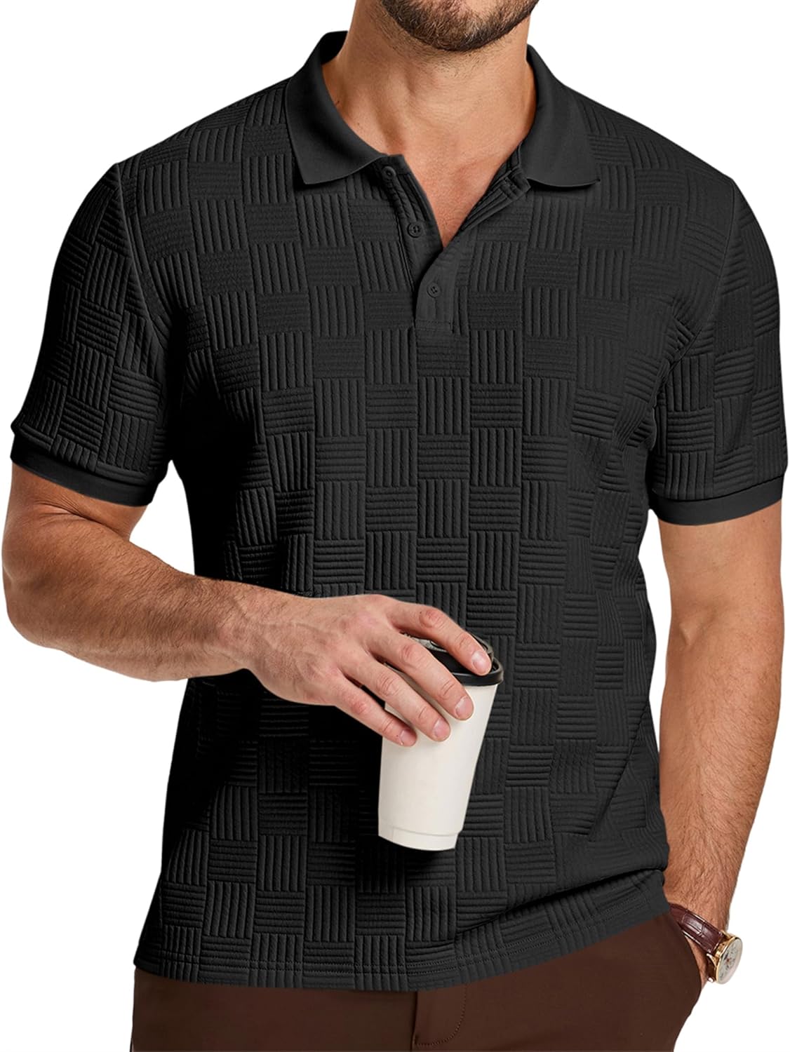 JMIERR Men's Casual Textured Knit Polo Shirt Short Sleeve Stretch Golf T Shirt