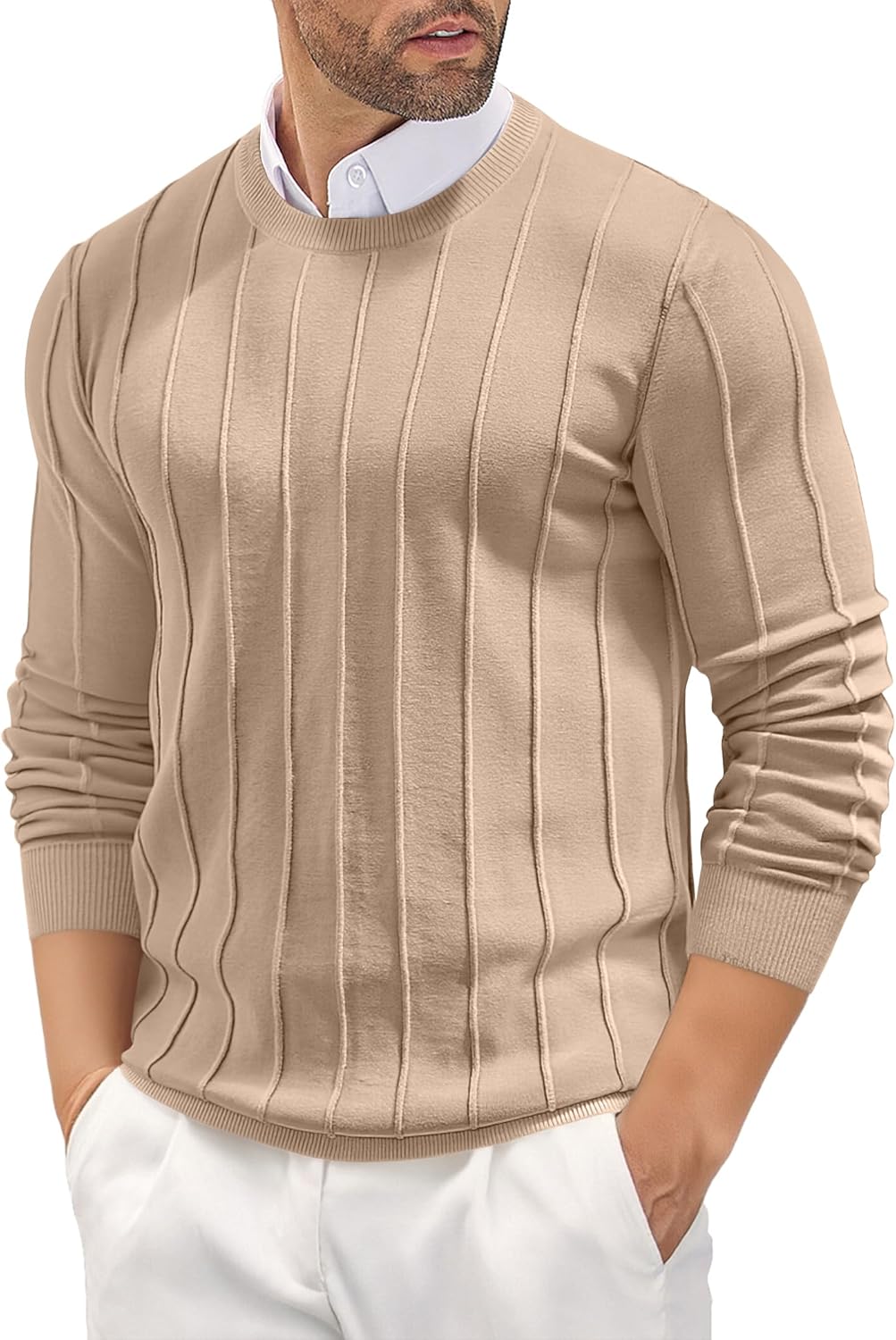 COOFANDY Men's Crew Neck Sweater Long Sleeve Ribbed Knit Dress Sweaters Casual Slim Fit Pullover