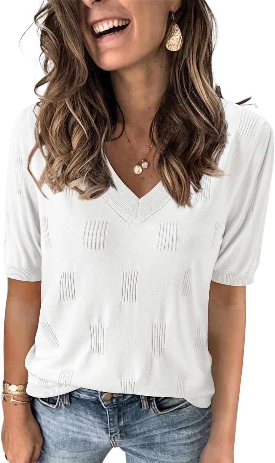 Arach&Cloz Women's Lightweight Spring Summer Sweater Tops Casual Short Sleeve Blouses Shirts