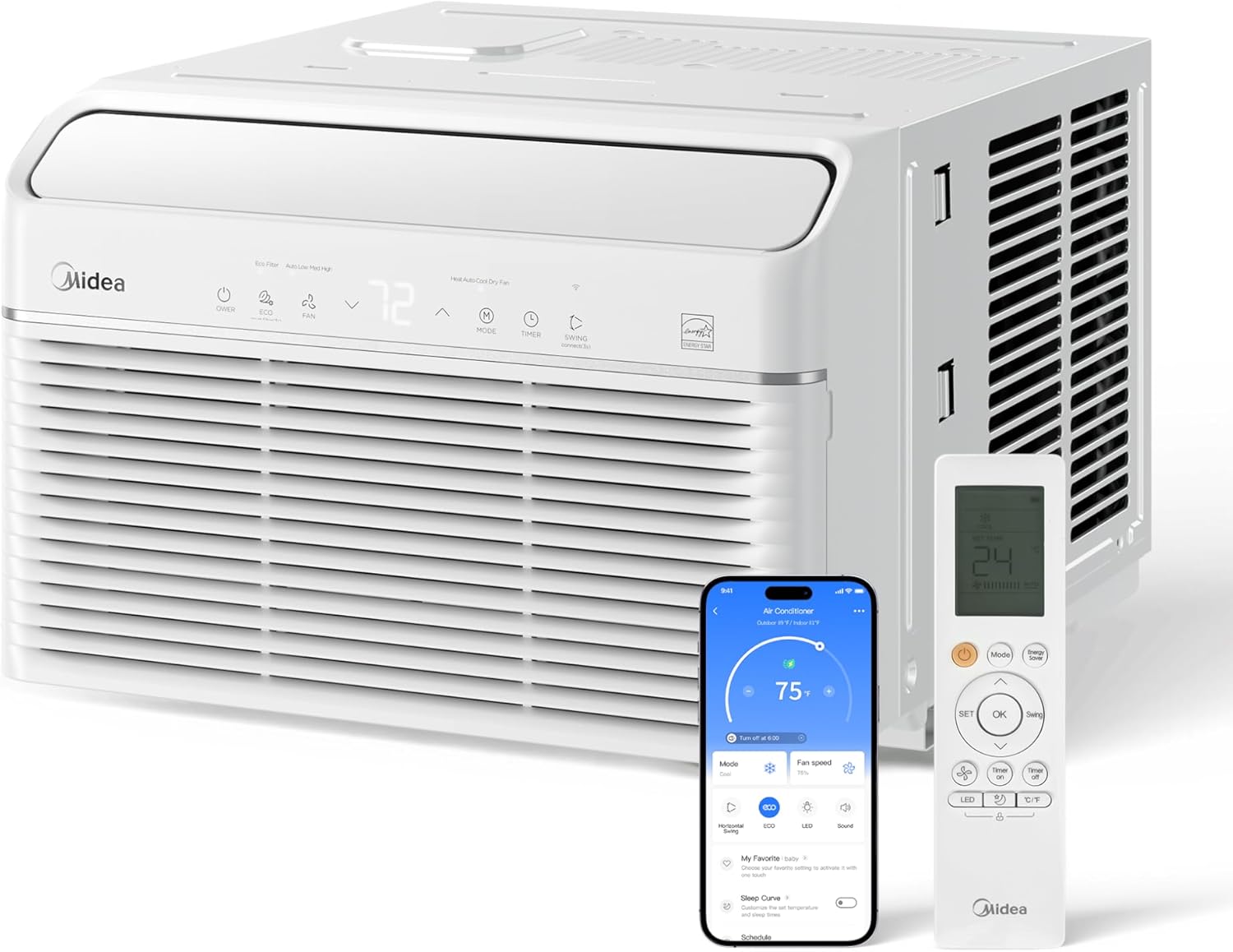 Midea 7,800 BTU Smart Inverter Air Conditioner Window Unit– Cools up to 340 Sq. Ft., Energy Star Rated, Quiet Operation, Electronic Controls, Remote Control, White