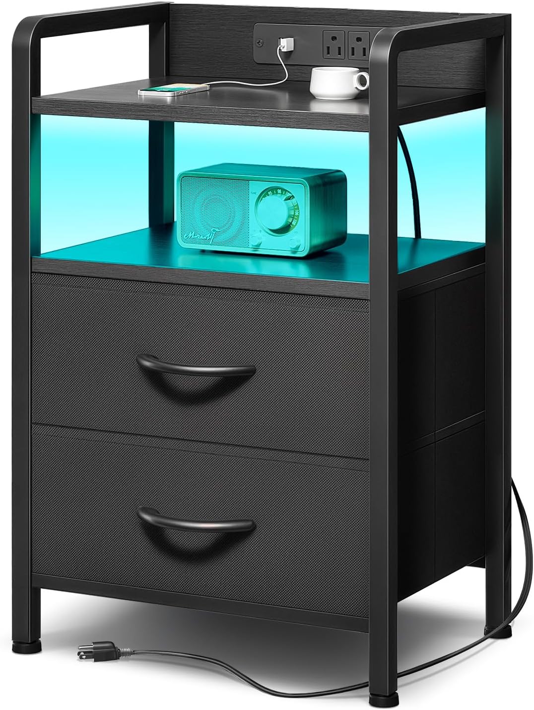 Lazzanto Nightstand with Rear Charging Station, LED Light, 2 Drawers, Black | Industrial Nightstand, 2 USB-A Ports & AC Outlets, Raised Back Guard, Fabric Storage Drawers, Bedside Table for Bedroom, D