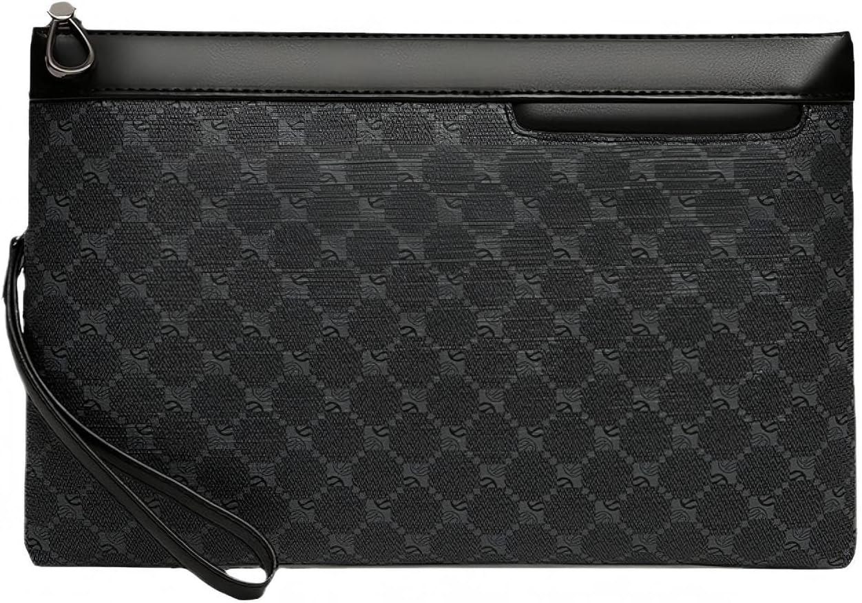 Men's Purse Clutch Pouch, Large Capacity PU Leather Business Handbag with Detachable Wrist Strap, Embossed Geometric Pattern