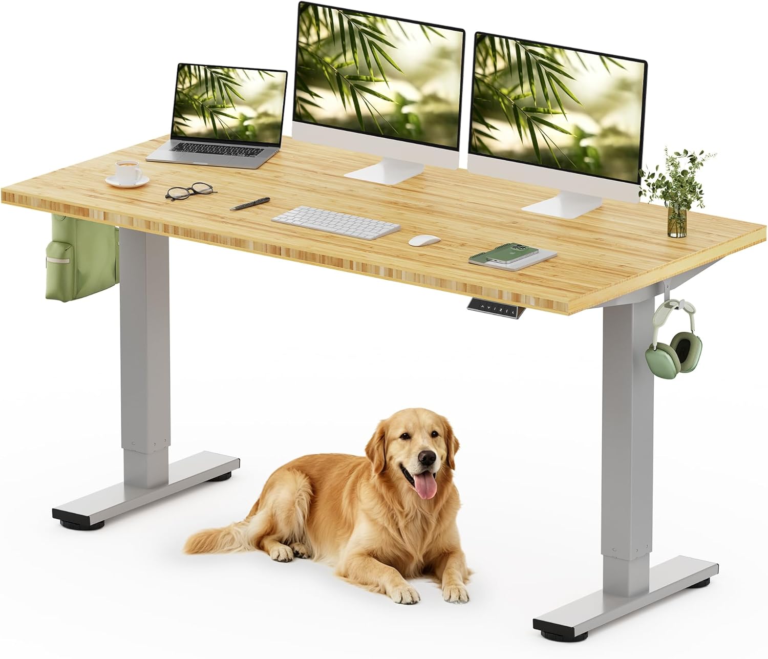 FLEXISPOT 60" x 30" Solid Bamboo Standing Desk, Silver Frame | Real Bamboo Desktop with Natural Grain, Durable & Sustainable, 176 LBS Capacity, Home Office and Multi-Monitor Setups