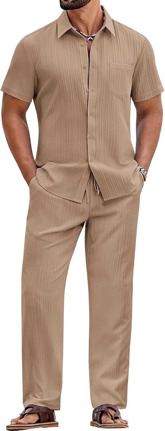 COOFANDY Mens 2 Piece Sets Summer Outfits Short Sleeve Button Down Shirt Loose Pant Sets Beach Vacation Outfits