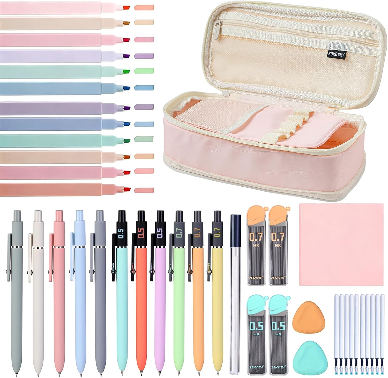 ITAWIXS 37pcs Aesthetic School Supplies Set with Cute Pen Case, 6 Mechanical Pencils Set, 5 Quick-Dry Gel Pens, 12 Pastel Highlighters for Students Stationary College Essentials
